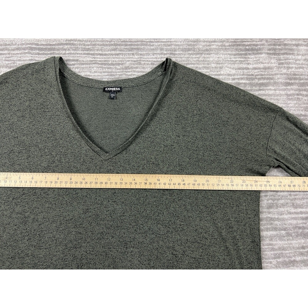 Express Top Womens L Olive Green V-Neck 3/4 Sleeve Marled Relaxed Knit Pullover - Picture 4 of 11